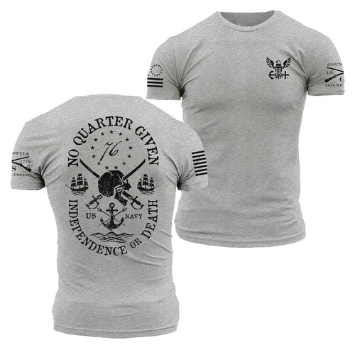 Gray t-shirt with military-themed graphics and text on a white background