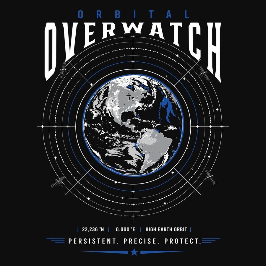 A black graphic print featuring a stylized globe of Earth in orbit, surrounded by white and blue target rings and the words 'ORBITAL OVERWATCH' in large white letters. Smaller text at the bottom reads 'PERSISTENT.