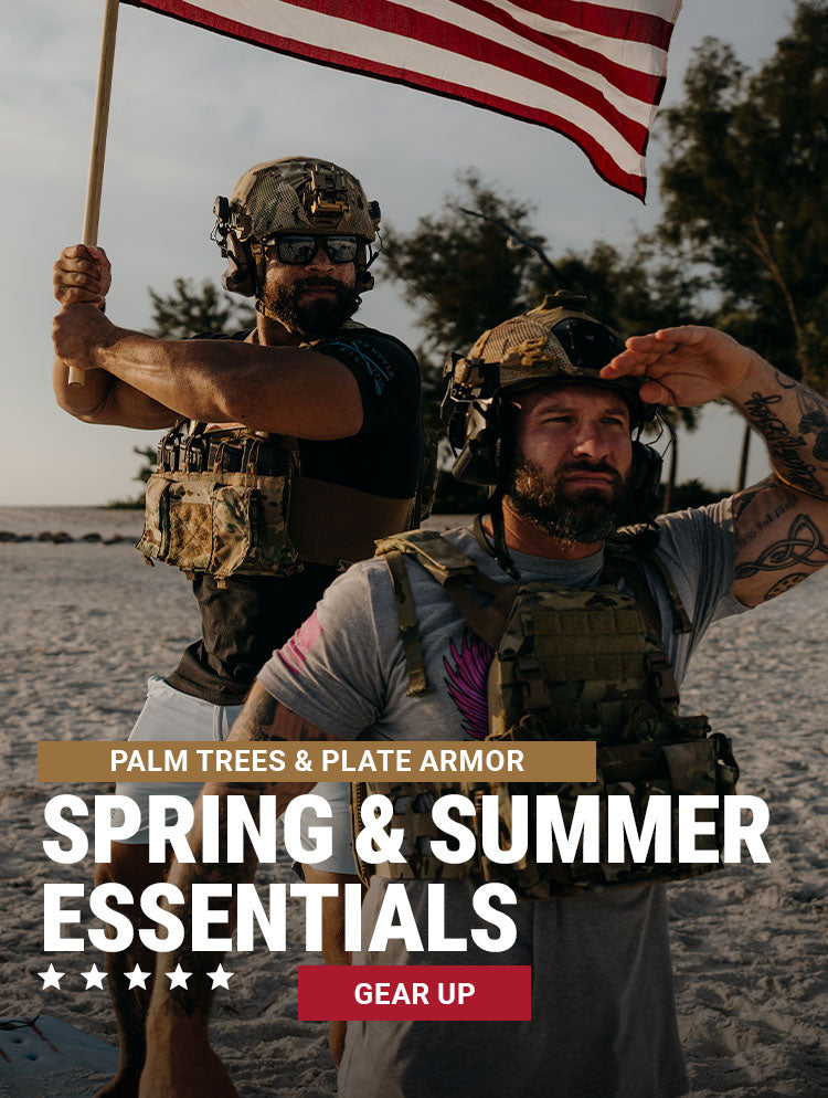 Two individuals in tactical gear with an American flag, standing on a beach with text overlay about spring and summer essentials.