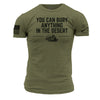 Olive green t-shirt with black text and graphics on a white background