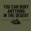 Text 'You can bury anything in the desert' with a skull graphic on a green background