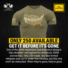 An olive green short-sleeve t-shirt with a graphic reading 'F*CK AROUND & FIND OUT' in a distressed map of the USA design, shown on a black background with promotional text and a 'Club Limited Edition' badge.