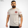Man wearing a white t-shirt with red logos on a white background