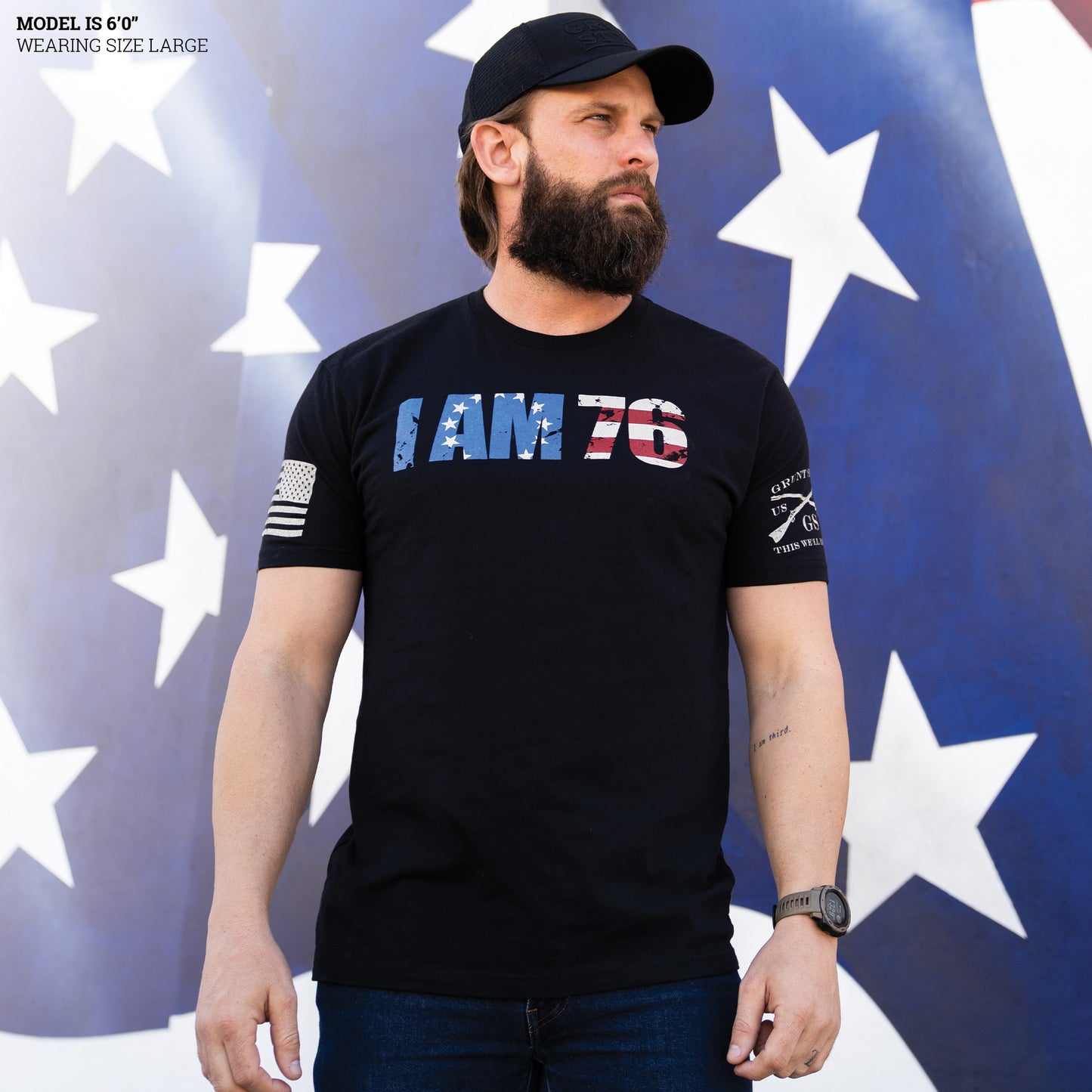 Patriotic T-Shirt - I Am 76 - Black Tee Sizing 