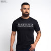 Man wearing a black t-shirt with 'DEFEND THE CHILDREN' text on a white background