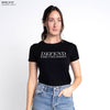 Woman wearing a black t-shirt with 'DEFEND THE CHILDREN' text on a white background