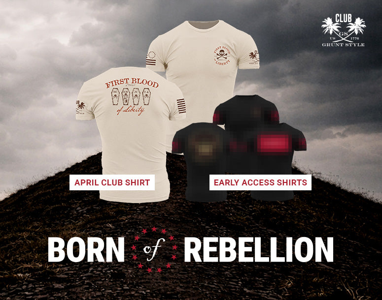 T-shirts with text and graphics on a dark background with 'Born of Rebellion' text.