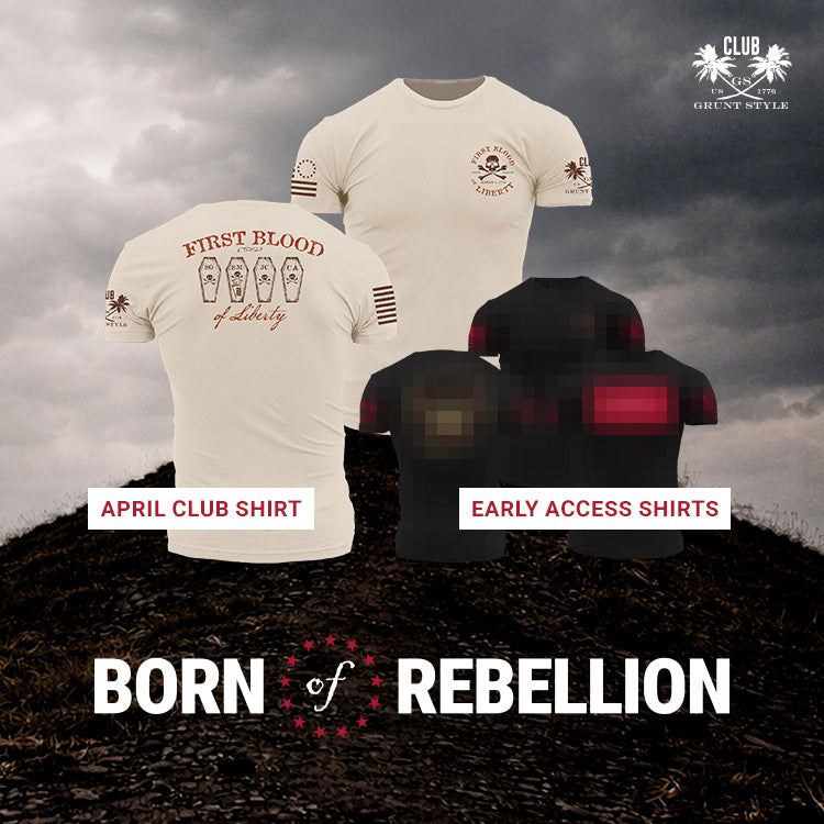 Two t-shirts with text and graphics on a dark background, featuring 'Born of Rebellion' branding.