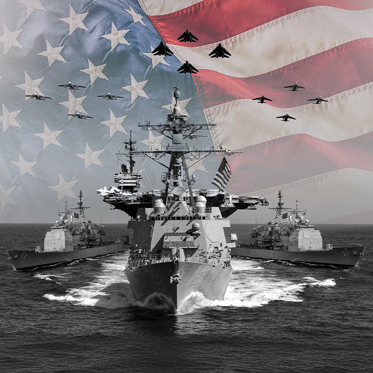 Navy ships with American flag and fighter jets in the background