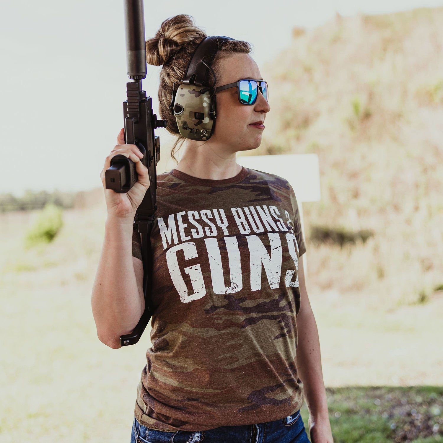 Women's Camo Woodland Messy Buns & Guns Graphic Tee | Grunt Style 
