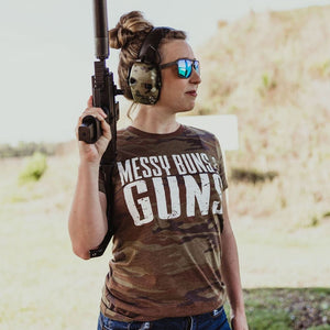 Women's Messy Buns & Guns T-Shirt - Woodland Camo