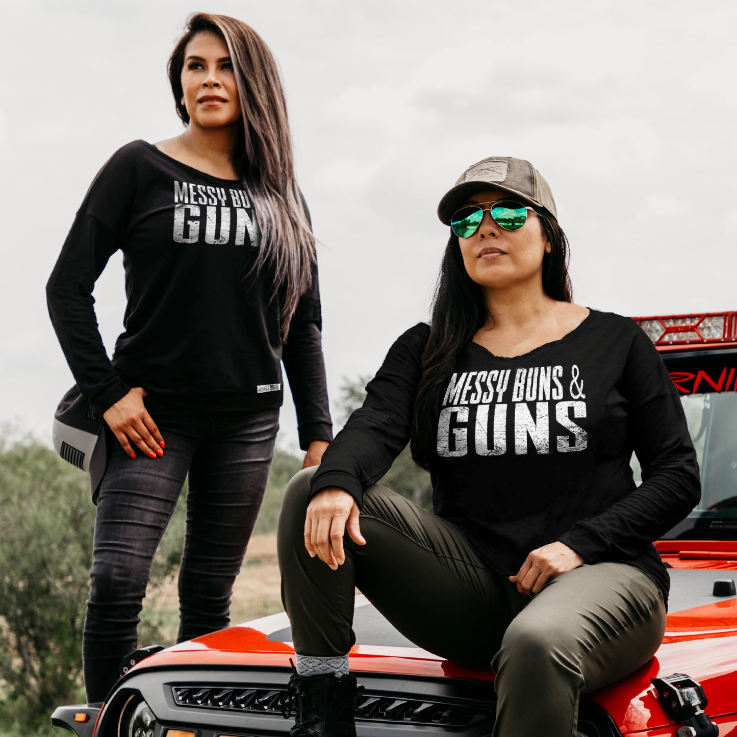 Messy Buns & Guns French Terry Scoop Neck Long Sleeved Tee | Grunt Style 