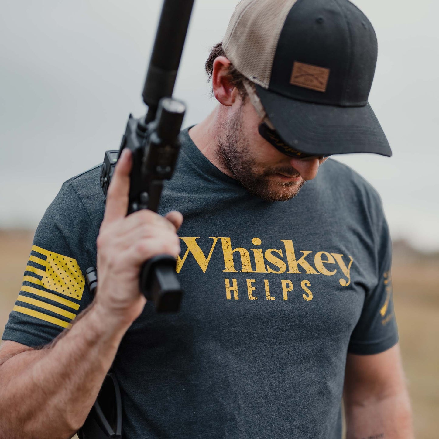 Whiskey Helps Navy and Yellow Men's Tee  | Grunt Style 
