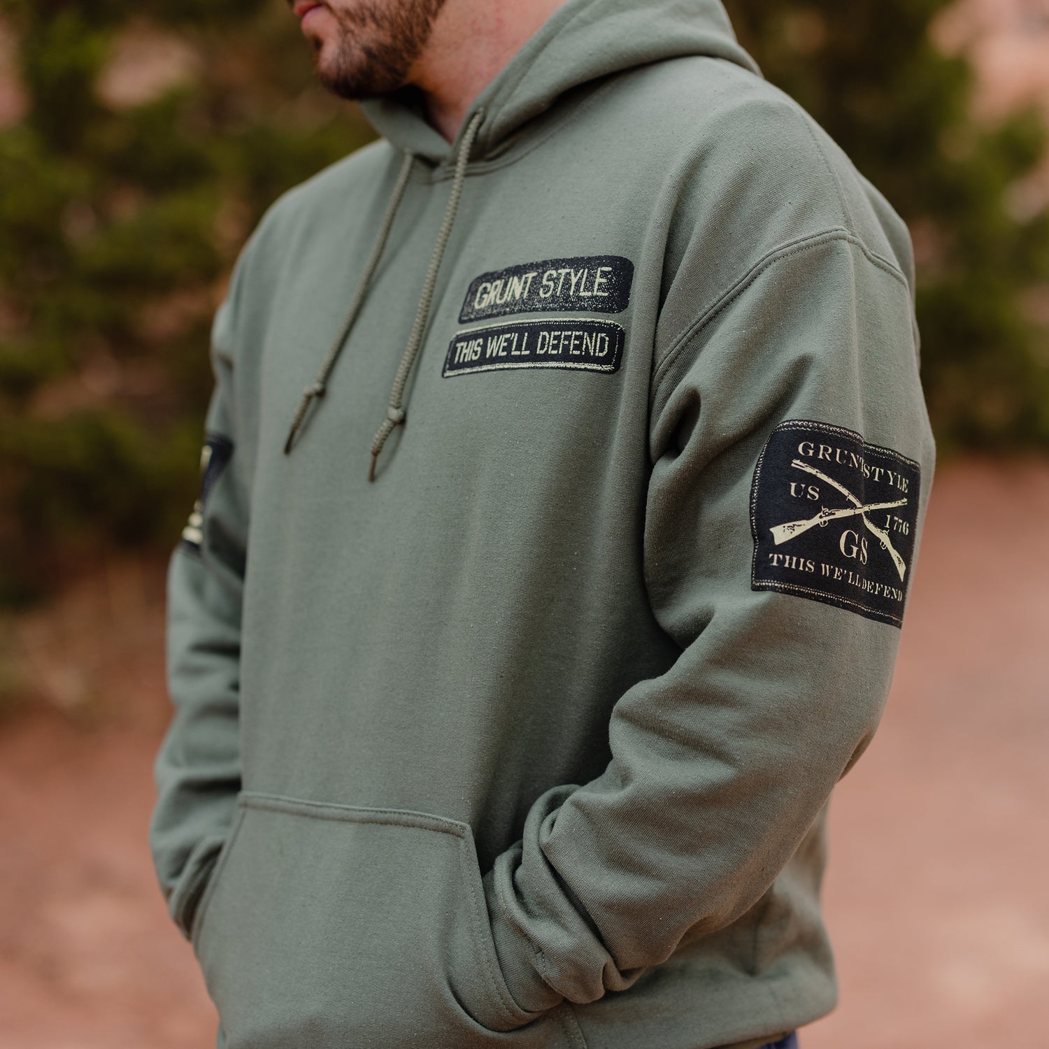 Men's Graphic Sweatshirt Name Tape Hoodie - Military Green  | Grunt Style 
