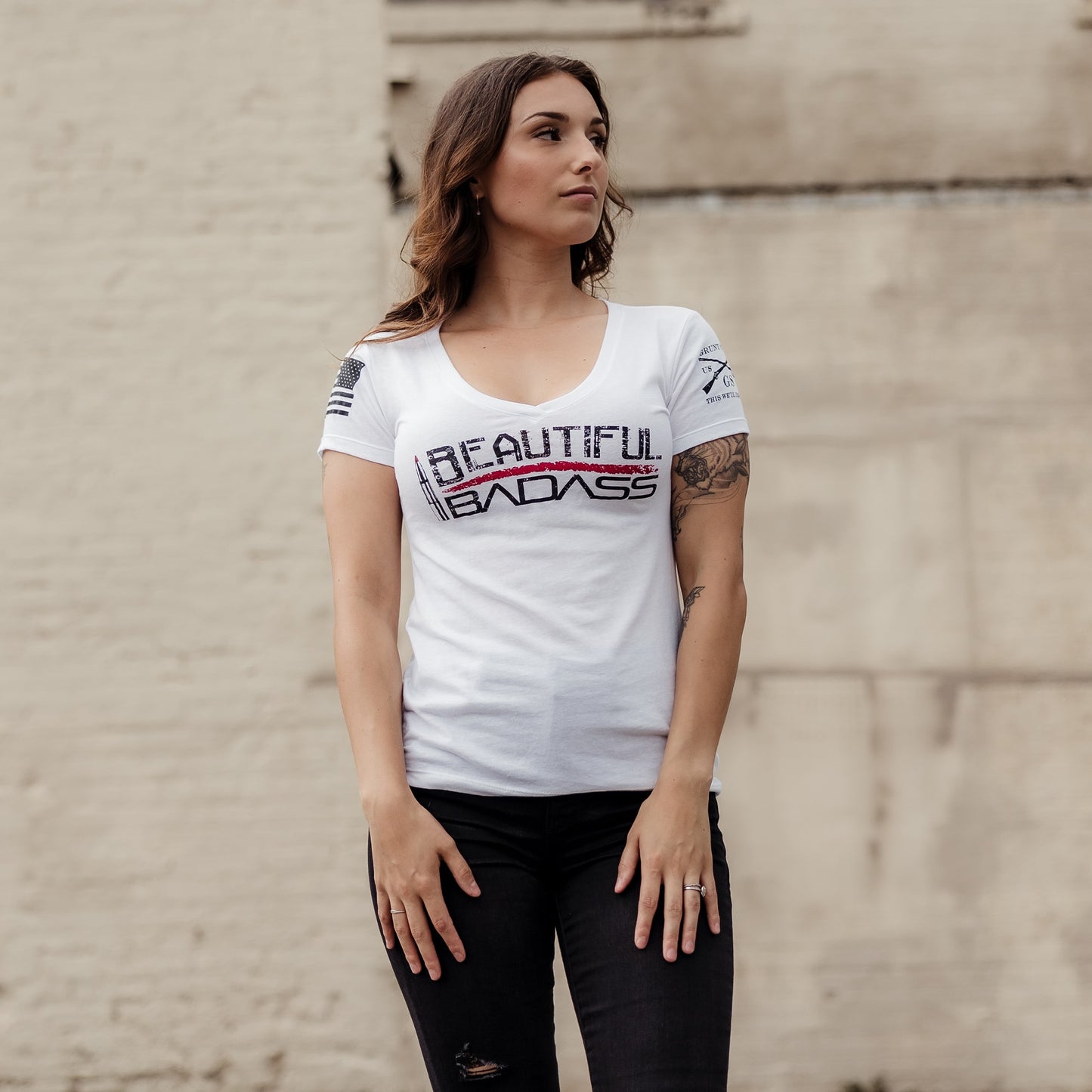 Women's V-Neck Tee Beautiful Badass | 2nd Amendment Shirts for Women 
