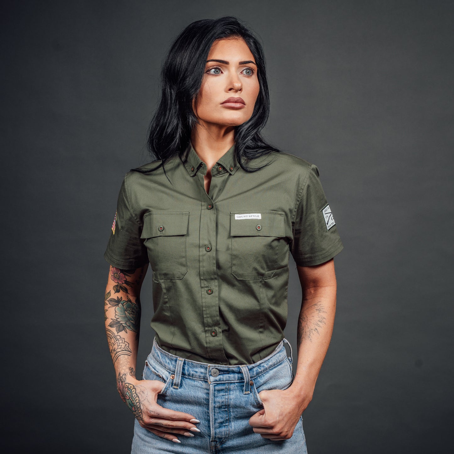 Womens Military Green Garage Button Down | Grunt Style