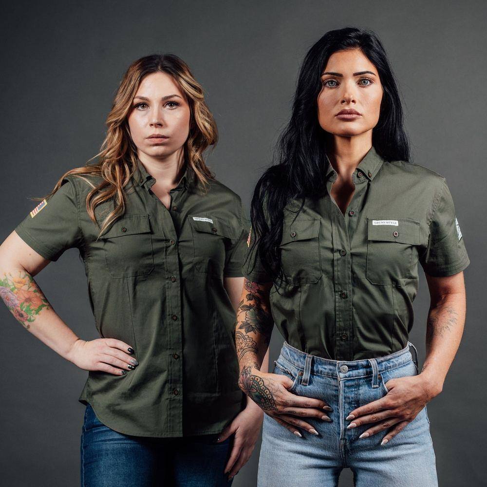 Women's Patriotic Garage Button Down - Military Green – Grunt Style, LLC