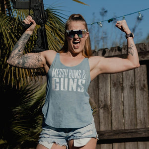 Women's Messy Buns & Guns Flowy Tank - Stonewash Denim