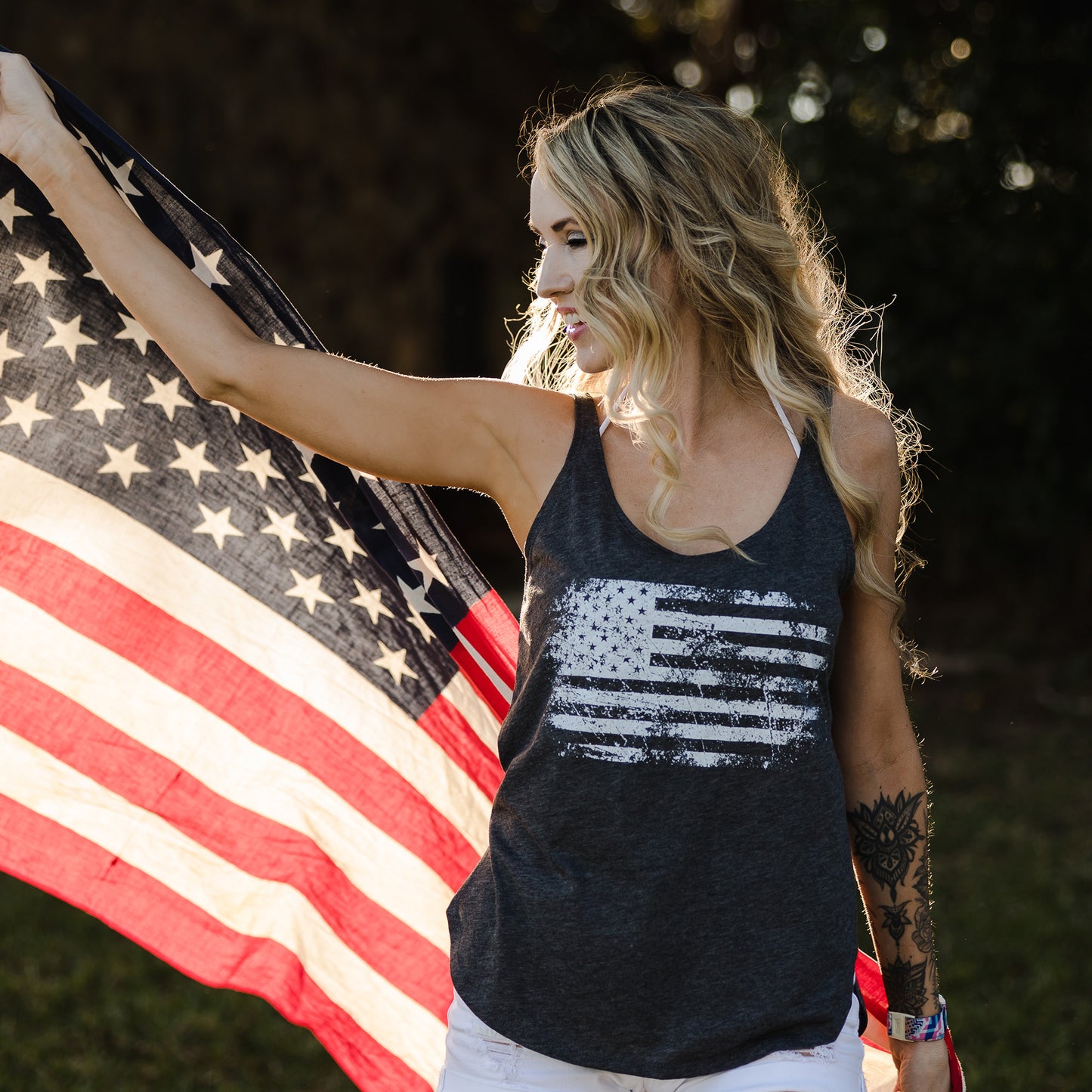 Vintage American Women's Charcoal Flowy Tank Top and American Flag  | Grunt Style