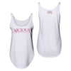 Front and back of the vicious & Delicious Women's Flowy Tank  in White