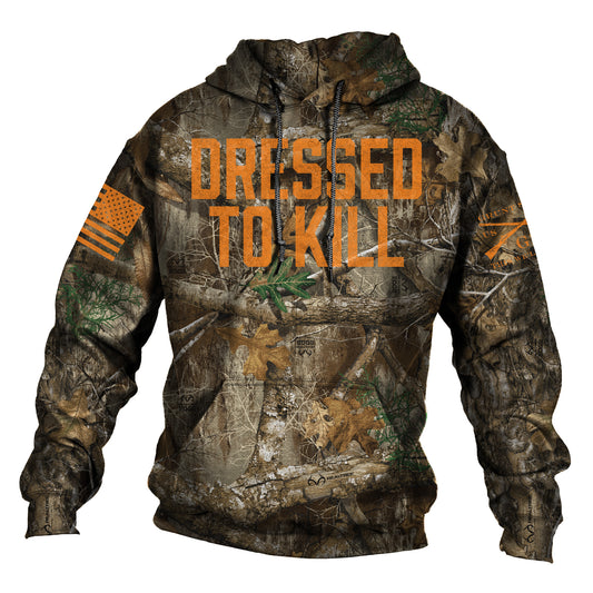 all over camo pullover Realtree hoodie with Dressed to Kill in bright safety orange letters