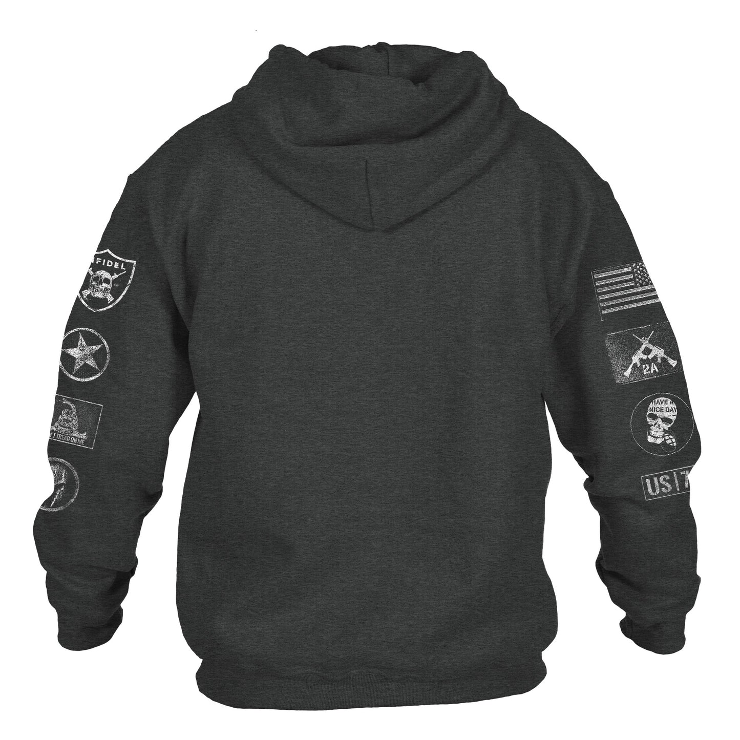 Back of the Grunt Style Patch Hoodie in Dark Heather Grey where you can see the custom sleeves
