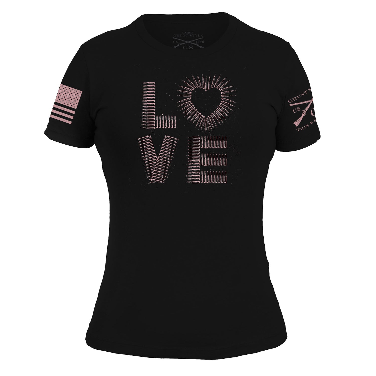 Women's 2nd amendment t-shirt with a slim fit that says LOVE  using the shapes of ammo or ammunition 