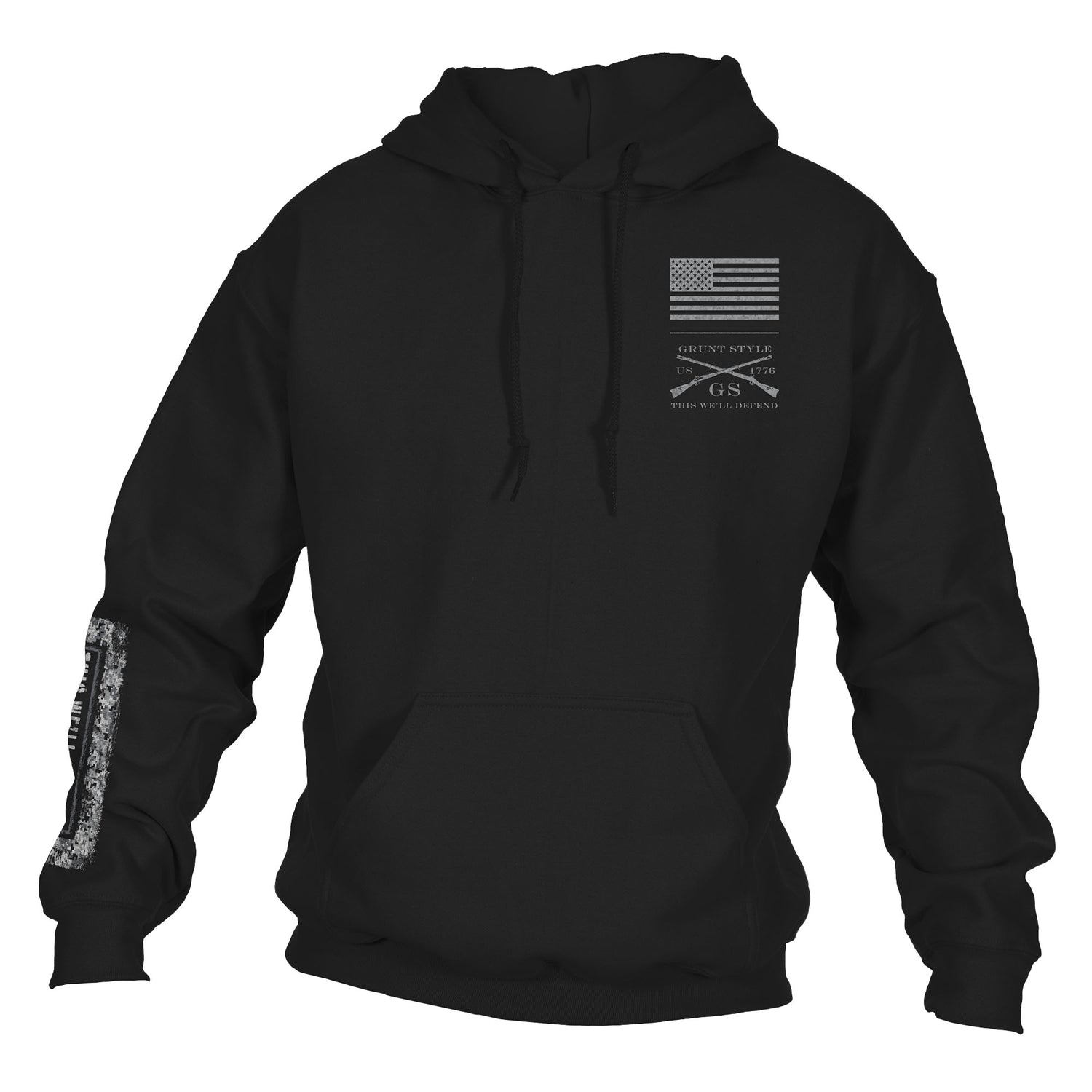 This We'll Defend Sleeve Black Digi Camo Graphic Hoodie | Grunt Style 