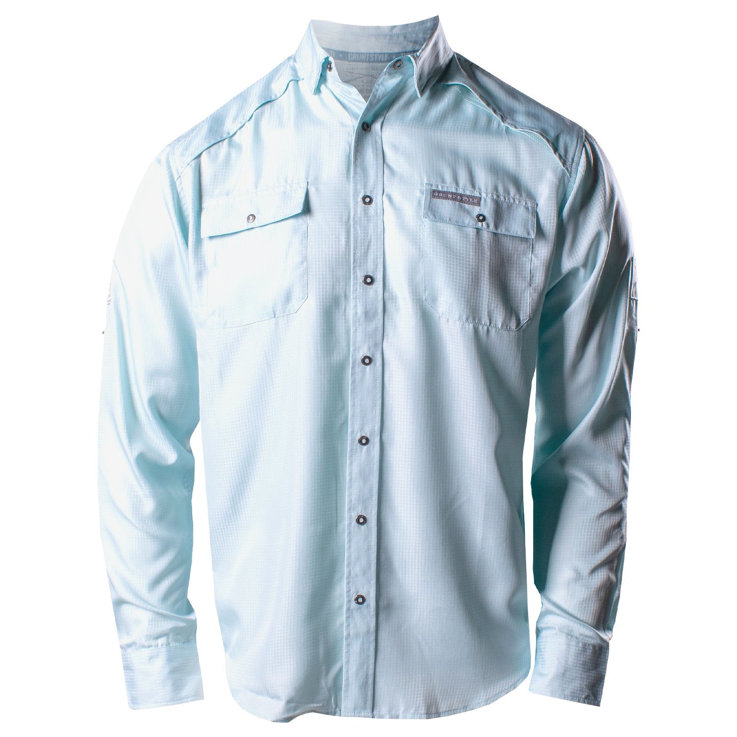 Front of the Grunt Style Long Sleeve Fishing Shirt in Light Blue
