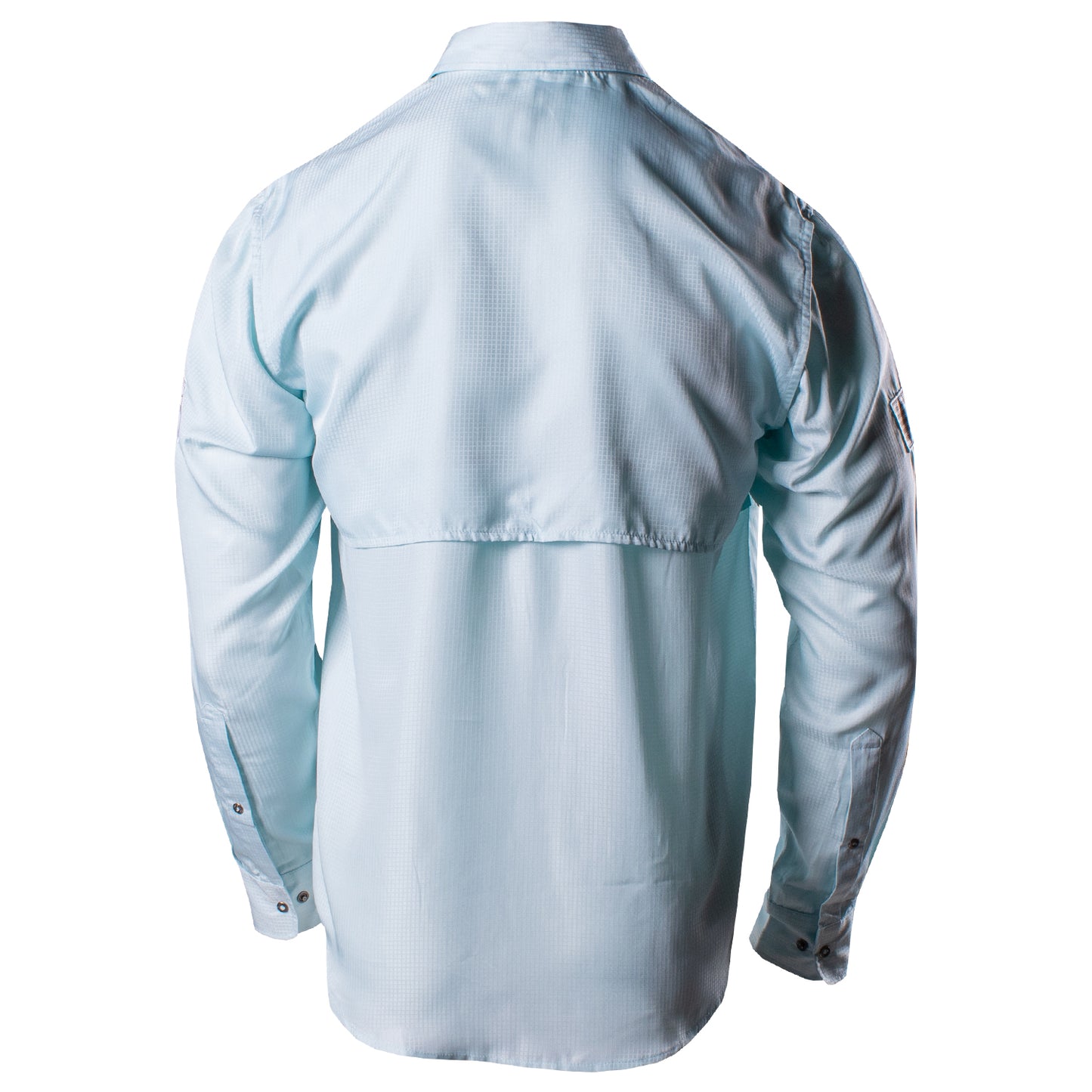 Back of the Grunt Style Long Sleeve Fishing Shirt in Light Blue, featuring the breathable back panel