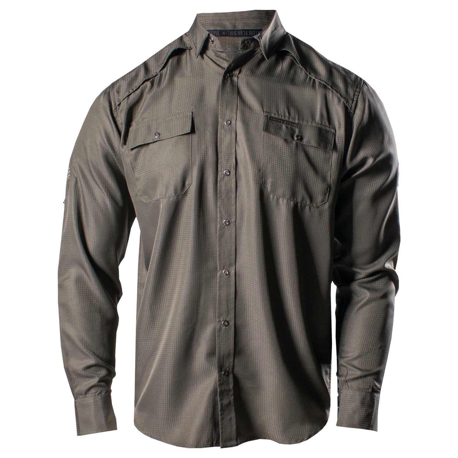 Front of the Grunt Style Long Sleeve Fishing Shirt in Olive