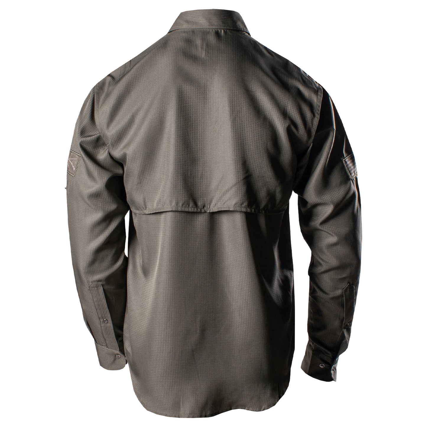 Back of the of the Grunt Style Long Sleeve Fishing Shirt in Olive that shows the vented back panel