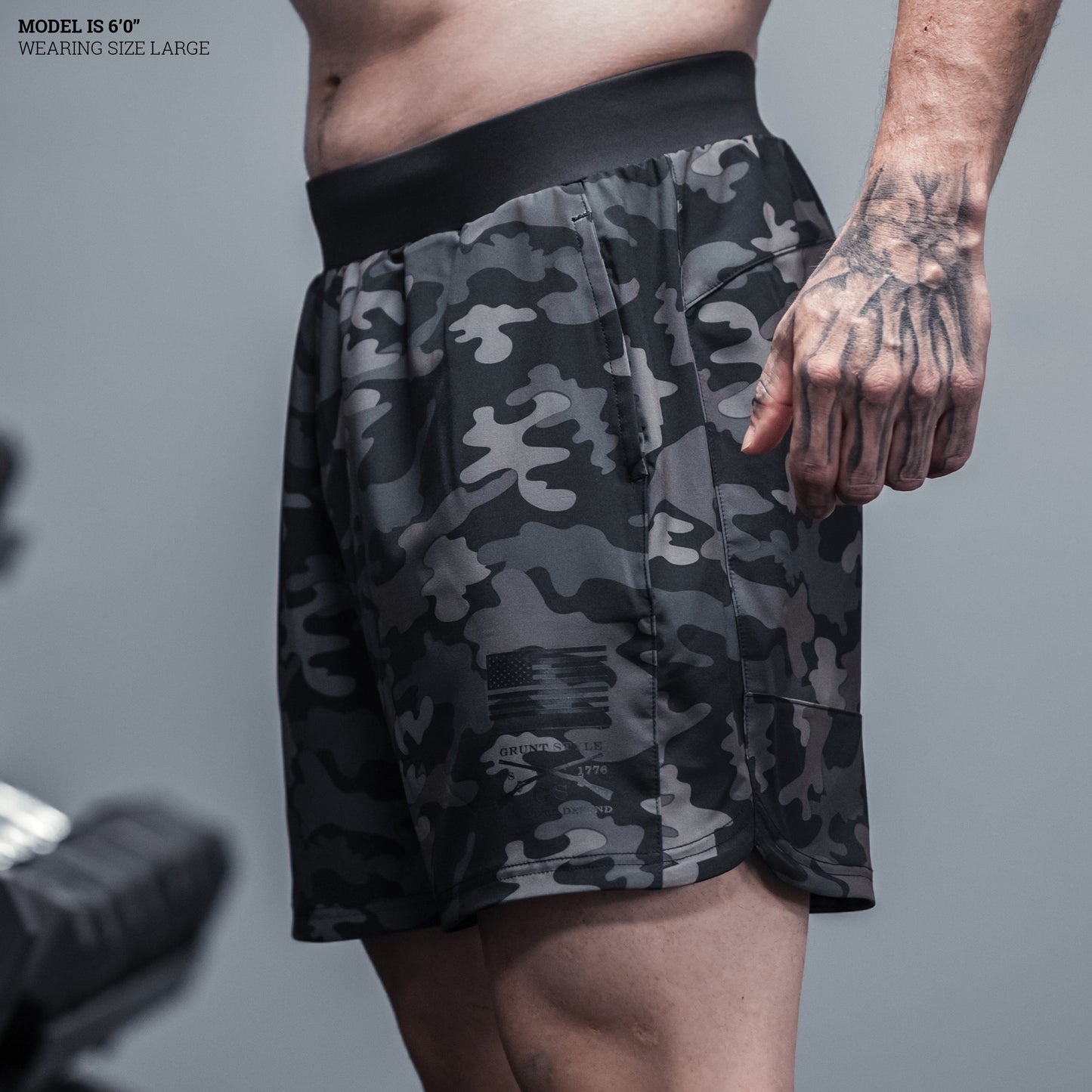  Training Shorts for Men in Black Camo | Grunt Style 