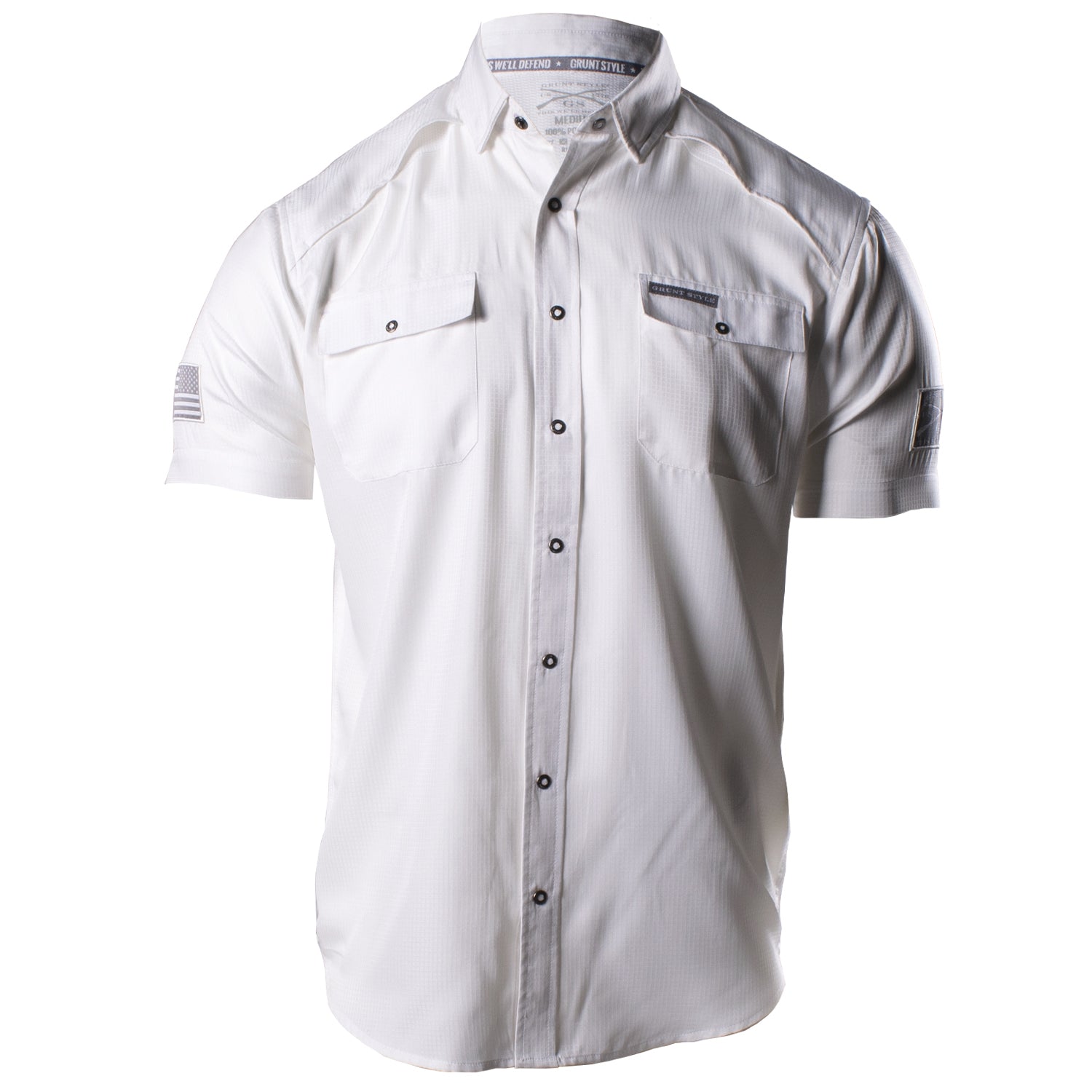 Front of the Grunt Style Short Sleeve Fishing Shirt in White